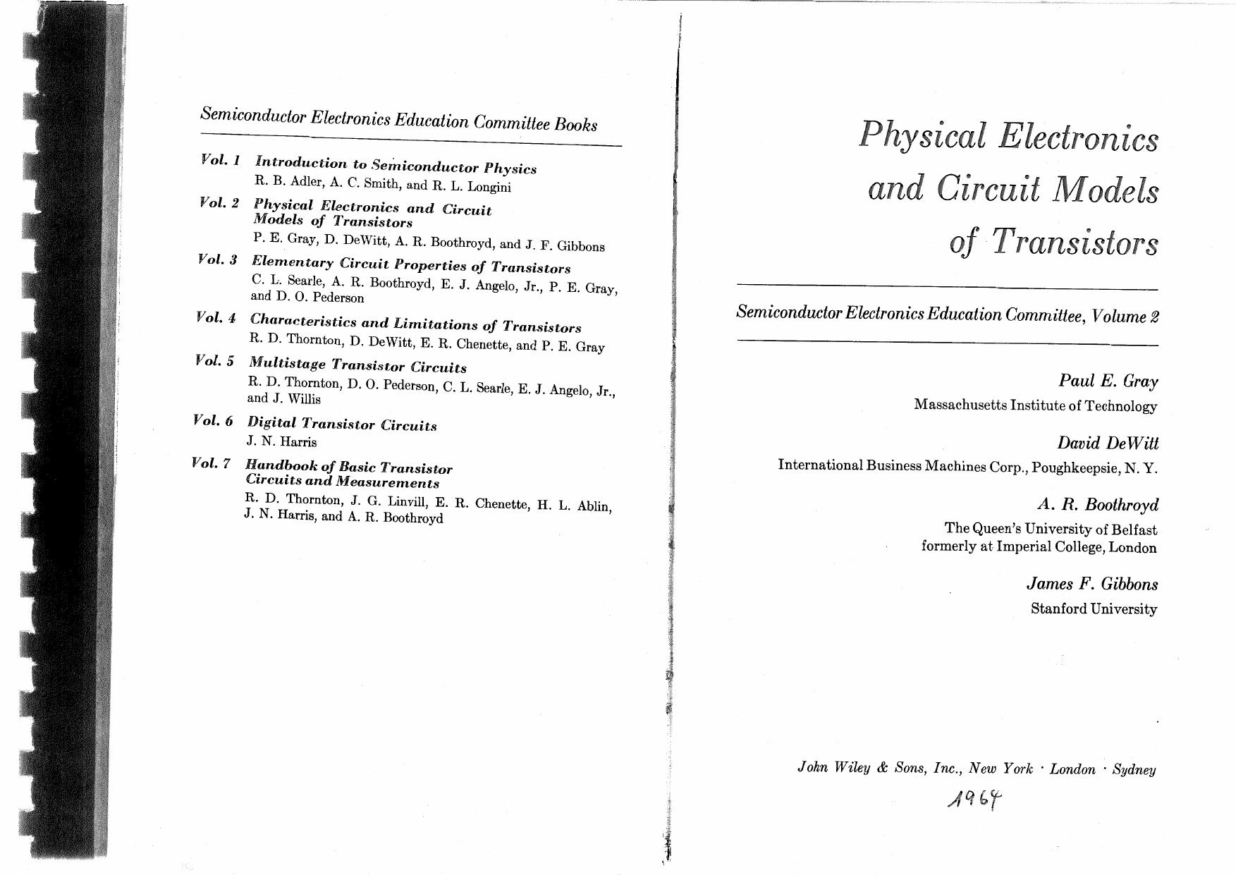 Physical Electronics and Circuit Models of Transistors by Gray Paul E Etc