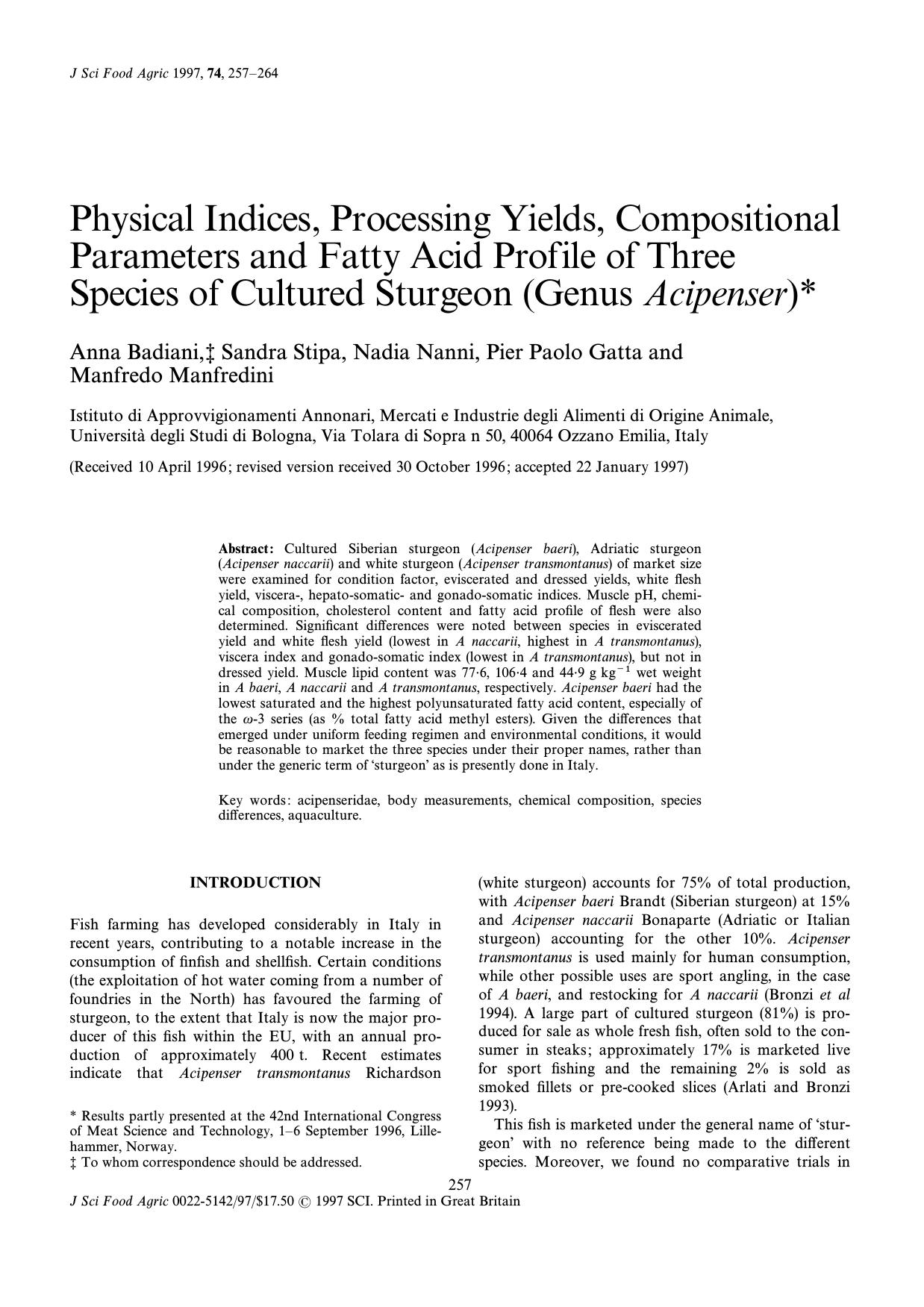 Physical Indices, Processing Yields, Compositional Parameters and Fatty Acid Profile of Three Species of Cultured Sturgeon (Genus Acipenser) by Unknown