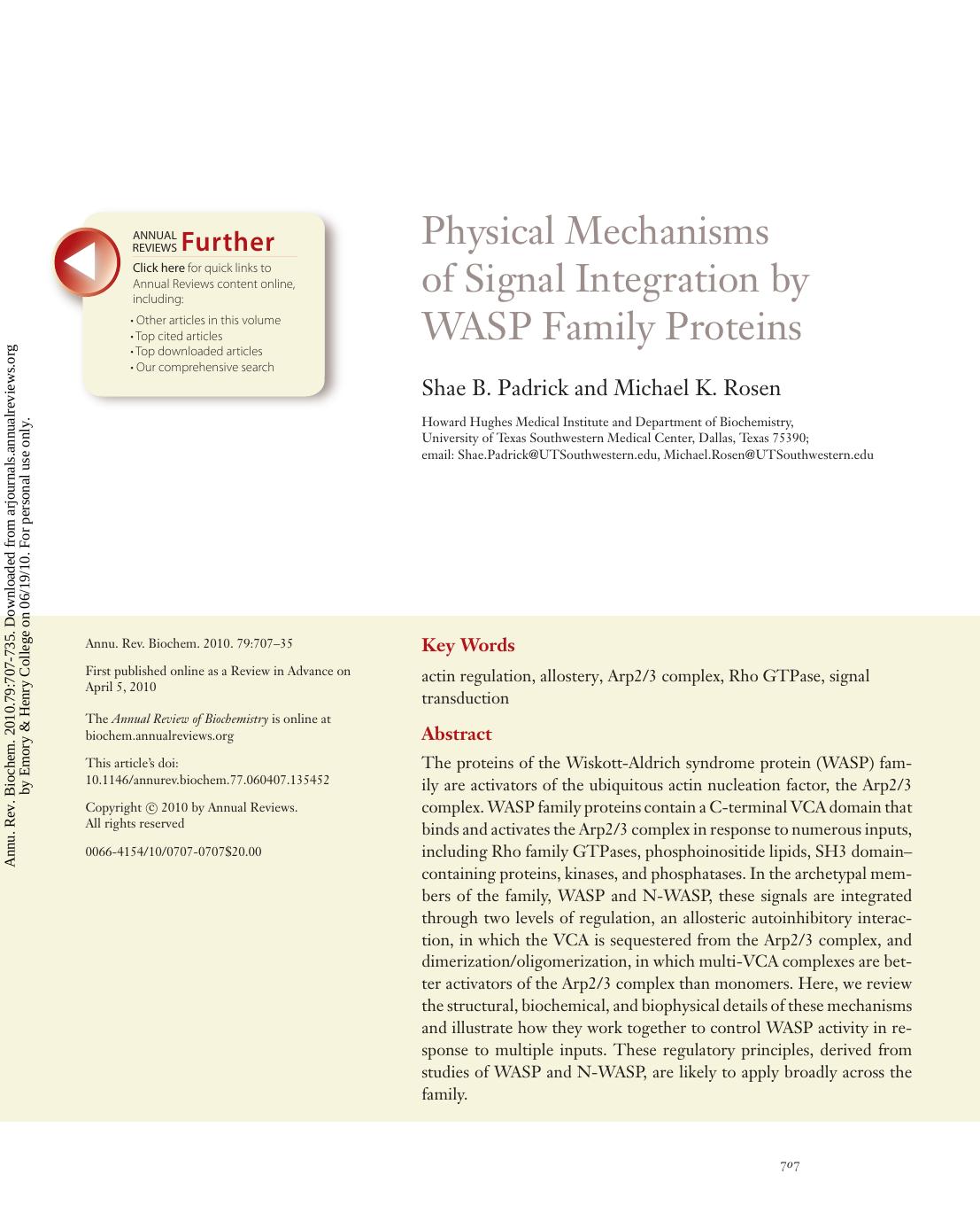 Physical Mechanisms of Signal Integration by WASP Family Proteins by Shae B. Padrick & Michael K. Rosen
