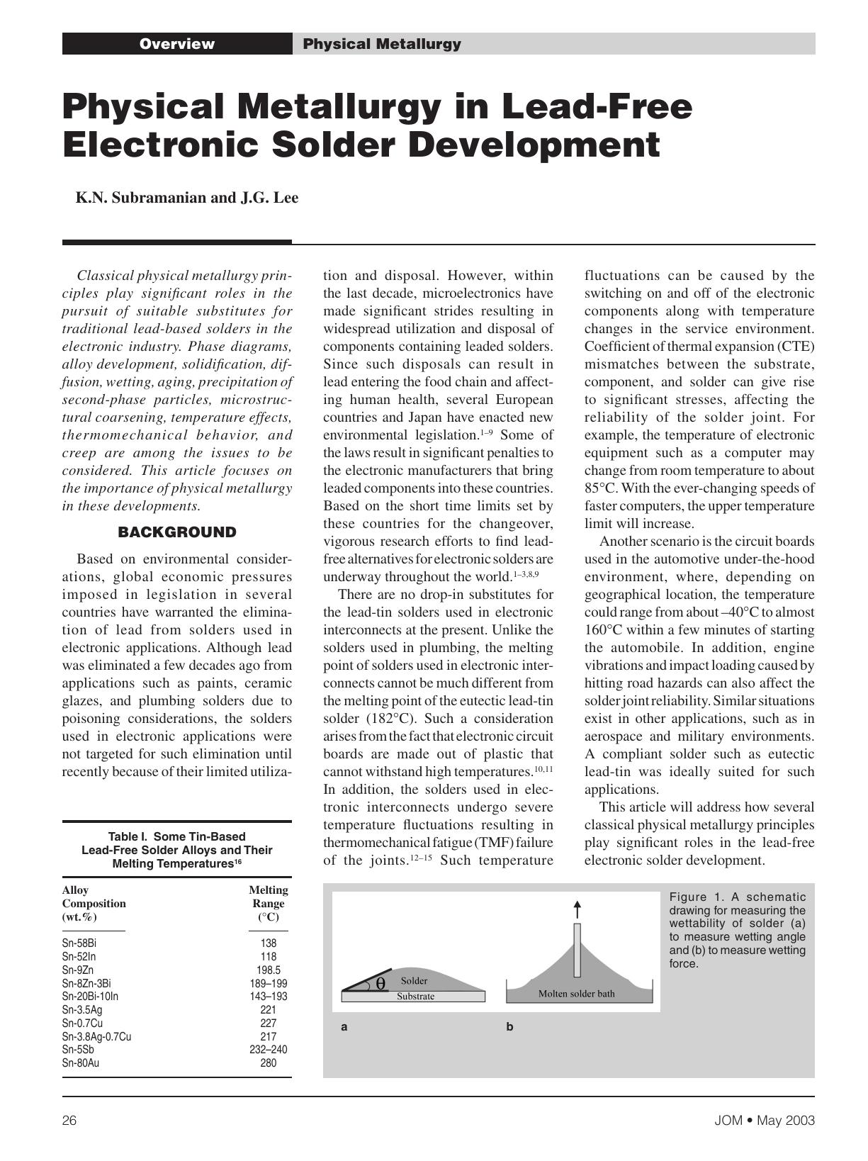 Physical Metallurgy in Lead-Free Electronic Solder Development by K.N. Subramanian and J.G. Lee