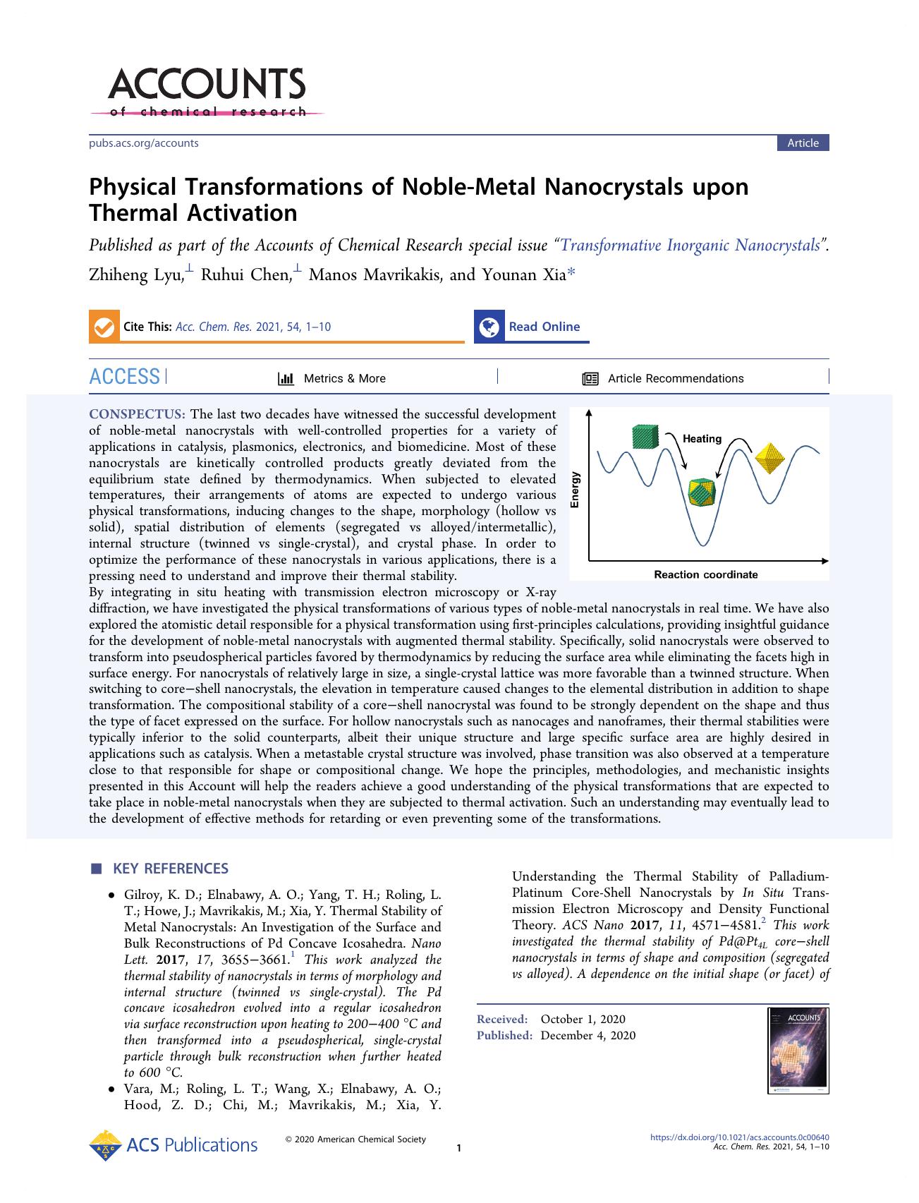 Physical Transformations of Noble-Metal Nanocrystals upon Thermal Activation by Zhiheng Lyu; Ruhui Chen; Manos Mavrikakis; Younan Xia