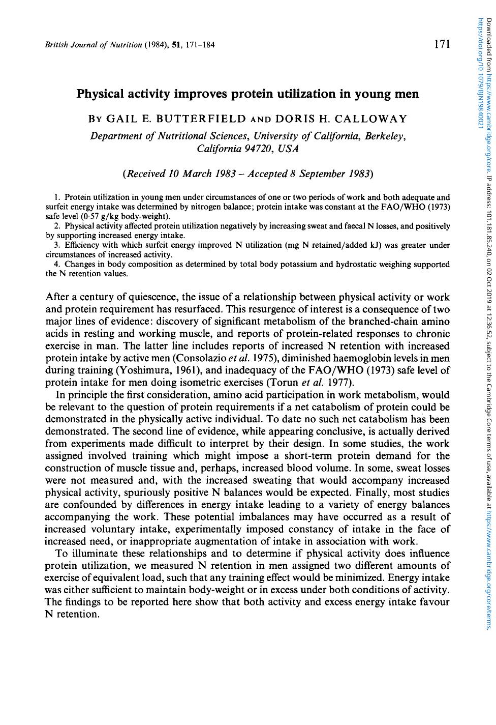 Physical activity improves protein utilization in young men by Gail E. Butterfield Doris H. Calloway