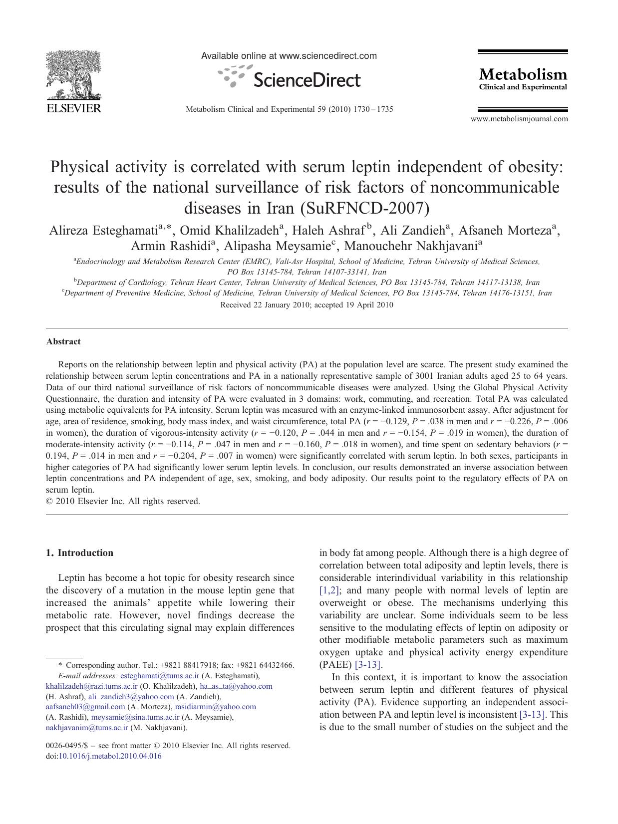 Physical activity is correlated with serum leptin independent of obesity: results of the national surveillance of risk factors of noncommunicable diseases in Iran (SuRFNCD-2007) by unknow