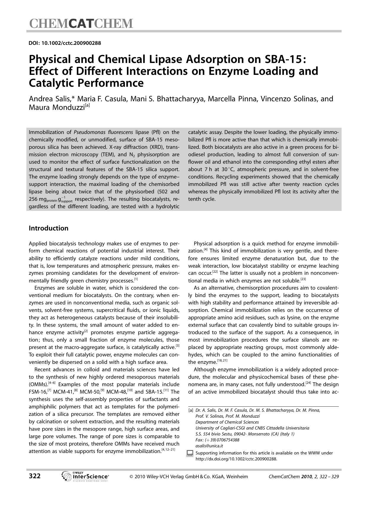 Physical and Chemical Lipase Adsorption on SBA-15: Effect of Different Interactions on Enzyme Loading and Catalytic Performance by Unknown