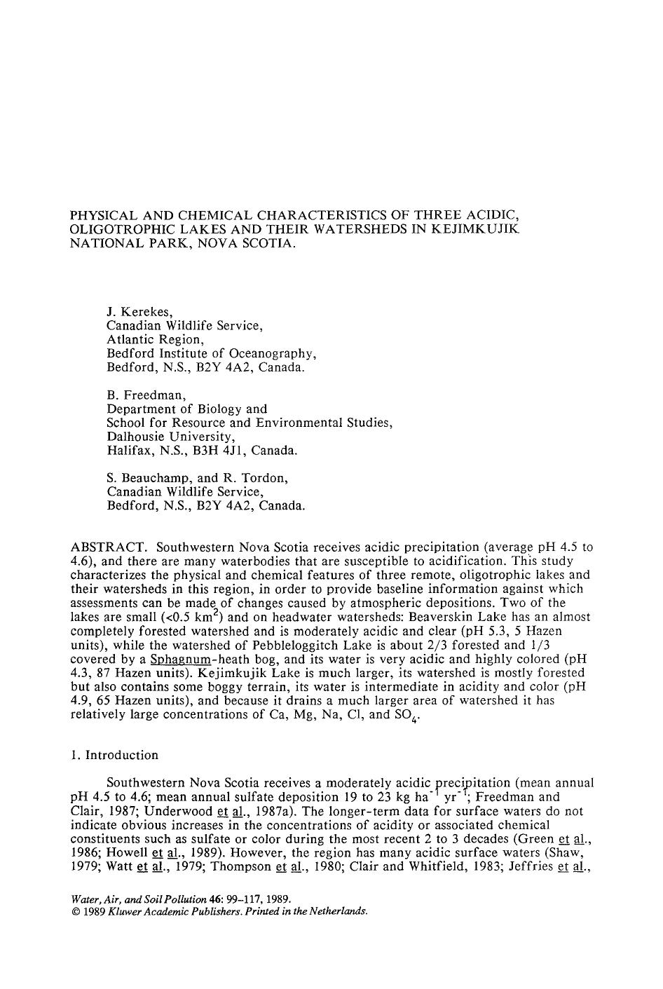 Physical and chemical characteristics of three acidic, oligotrophic lakes and their watersheds in Kejimkujik National Park, Nova Scotia by Unknown