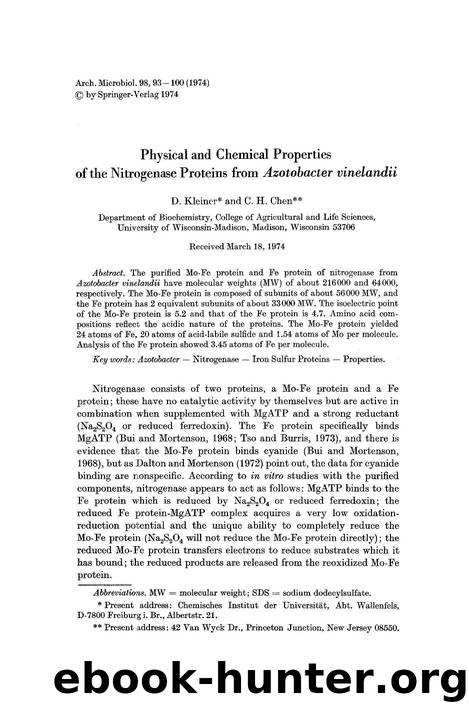 Physical and chemical properties of the nitrogenase proteins from <Emphasis Type="Italic">Azotobacter vinelandii<Emphasis> by Unknown