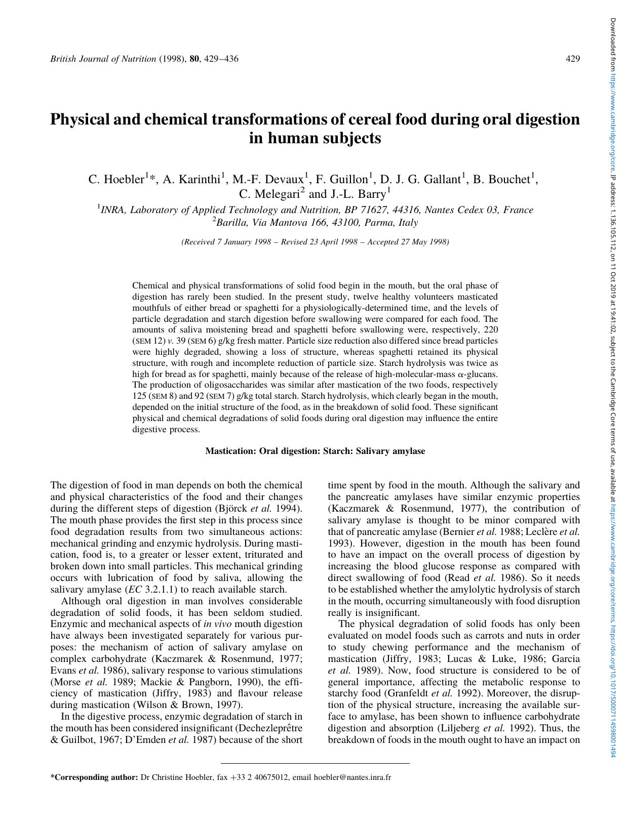 Physical and chemical transformations of cereal food during oral digestion in human subjects by unknow