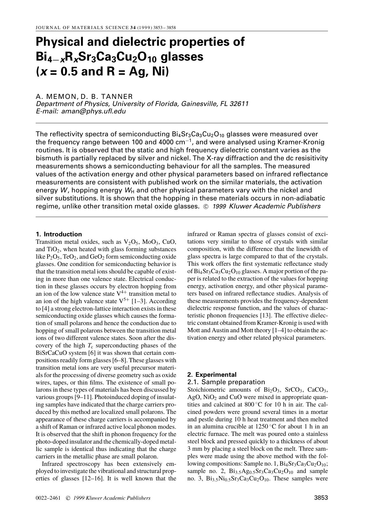 Physical and dielectric properties of Bi4−xRxSr3Ca3Cu2O10 glasses (x = 0.5 and R = Ag, Ni) by Unknown