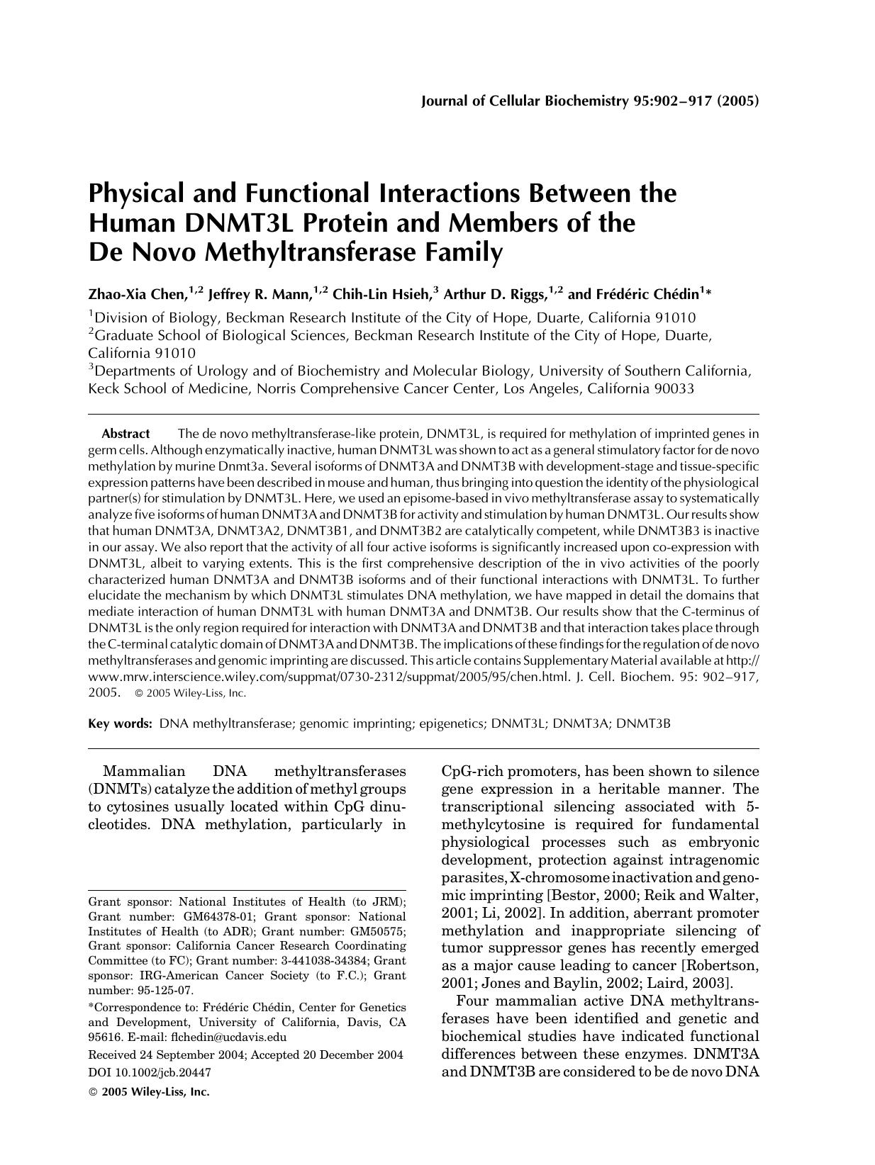 Physical and functional interactions between the human DNMT3L protein and members of the de novo methyltransferase family by Unknown