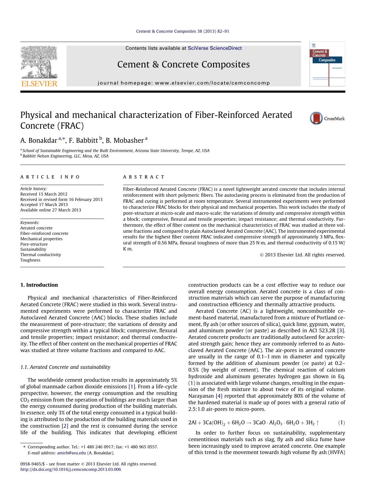 Physical and mechanical characterization of Fiber-Reinforced Aerated Concrete (FRAC) by A. Bonakdar & F. Babbitt & B. Mobasher