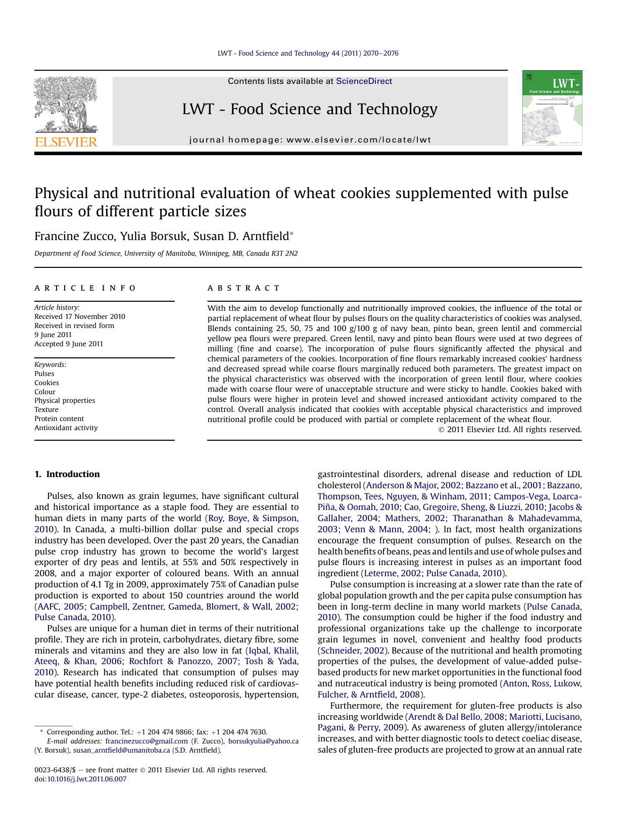 Physical and nutritional evaluation of wheat cookies supplemented with pulse flours of different particle sizes by Francine Zucco & Yulia Borsuk & Susan D. Arntfield