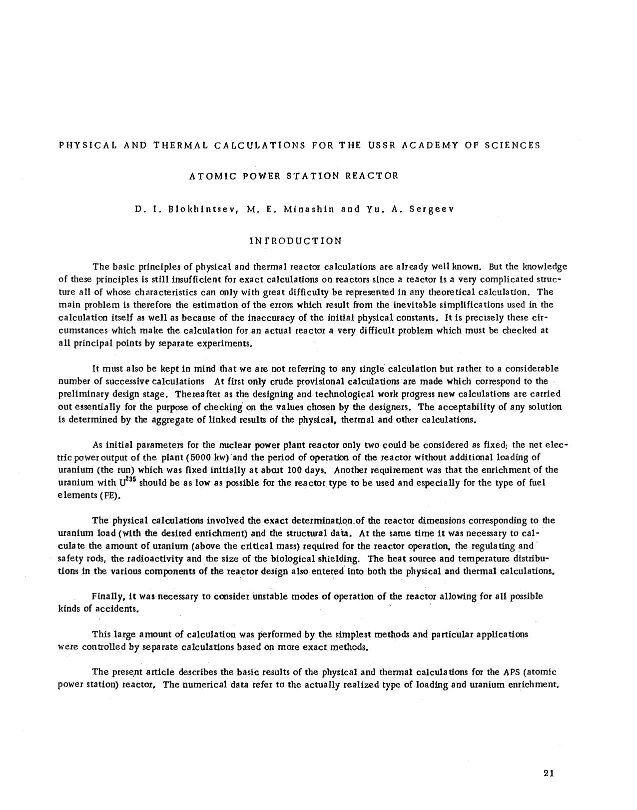 Physical and thermal calculations for the USSR Academy of Sciences atomic power station reactor by Unknown