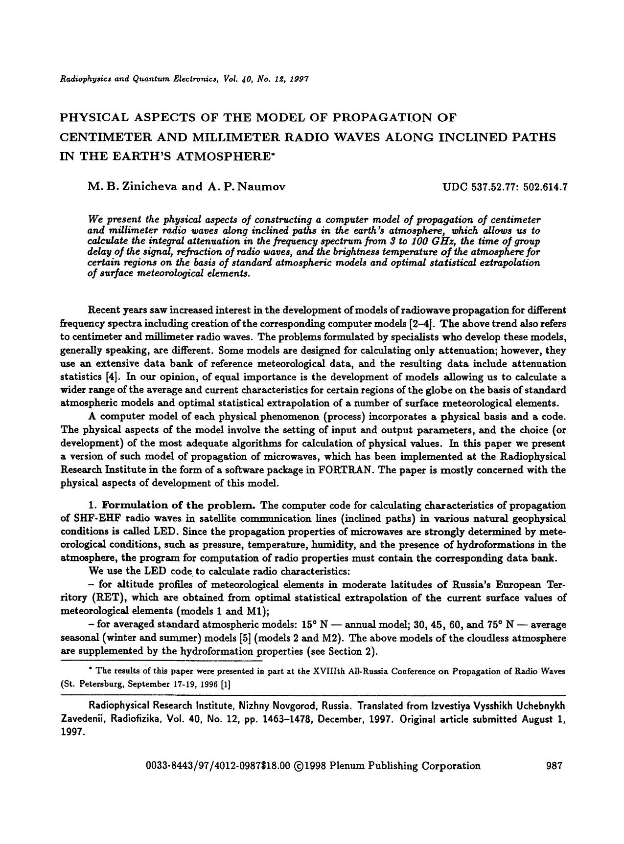 Physical aspects of the model of propagation of centimeter and millimeter radio waves along inclined paths in the earth&#x2019;s atmosphere by Unknown