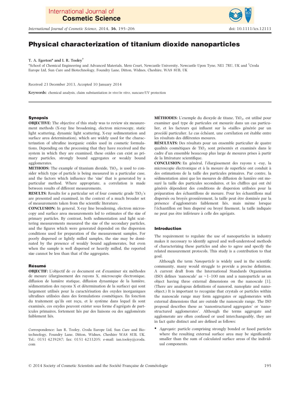 Physical characterization of titanium dioxide nanoparticles by Unknown