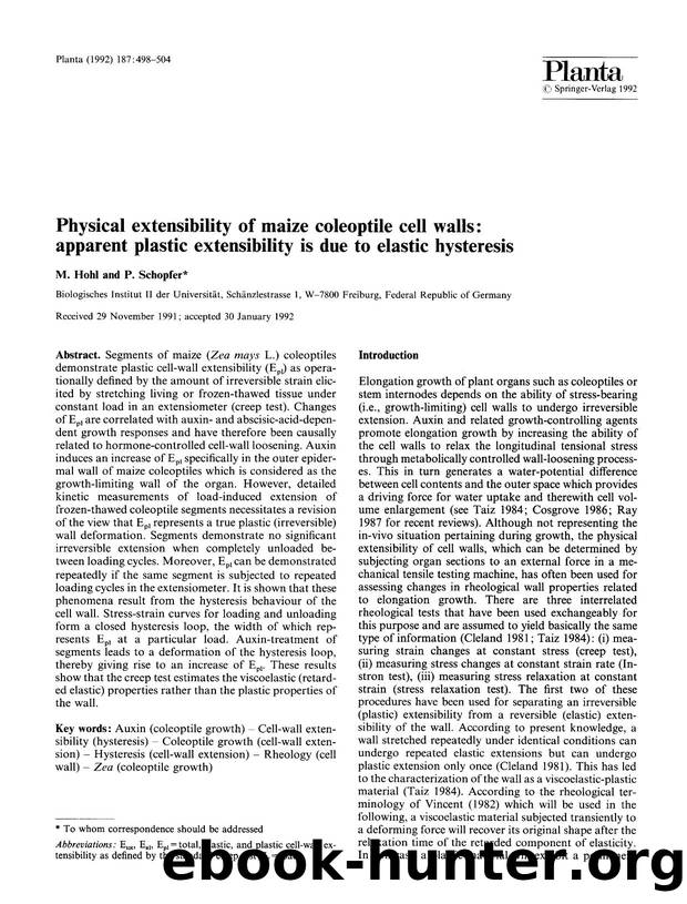 Physical extensibility of maize coleoptile cell walls: apparent plastic extensibility is due to elastic hysteresis by Unknown