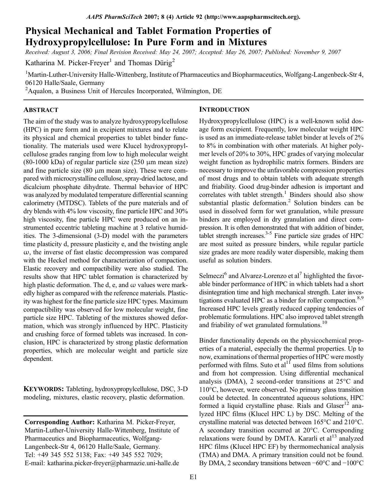 Physical mechanical and tablet formation properties of hydroxypropylcellulose: In pure form and in mixtures by Unknown