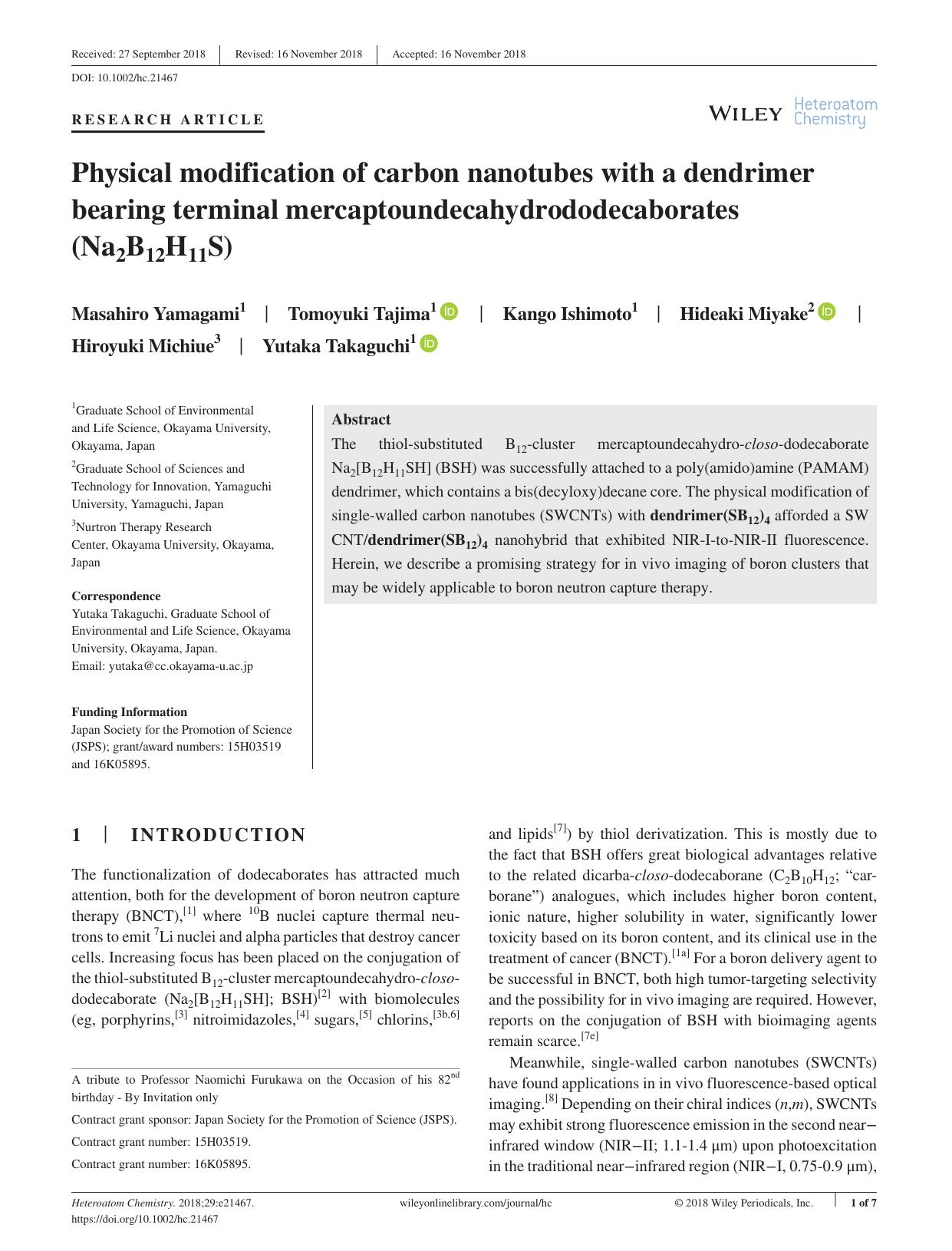 Physical modification of carbon nanotubes with a dendrimer bearing terminal mercaptoundecahydrododecaborates (Na2B12H11S) by Unknown