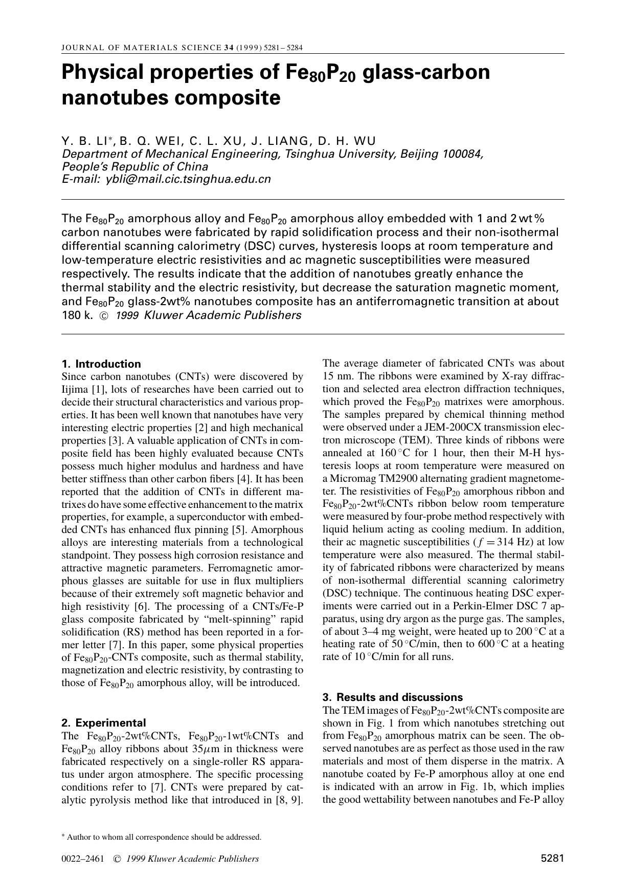 Physical properties of Fe80P20 glass-carbon nanotubes composite by Unknown
