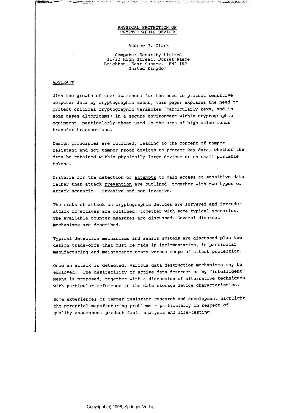 Physical protection of cryptographic devices by Clark A. J