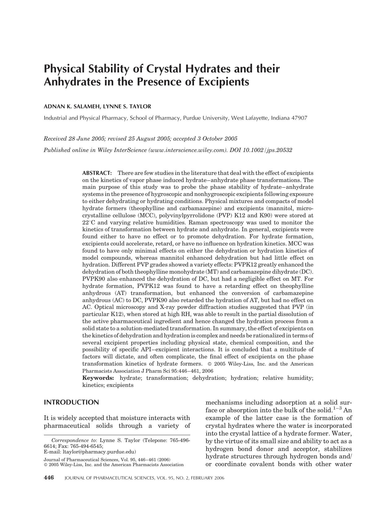 Physical stability of crystal hydrates and their anhydrates in the presence of excipients by Unknown