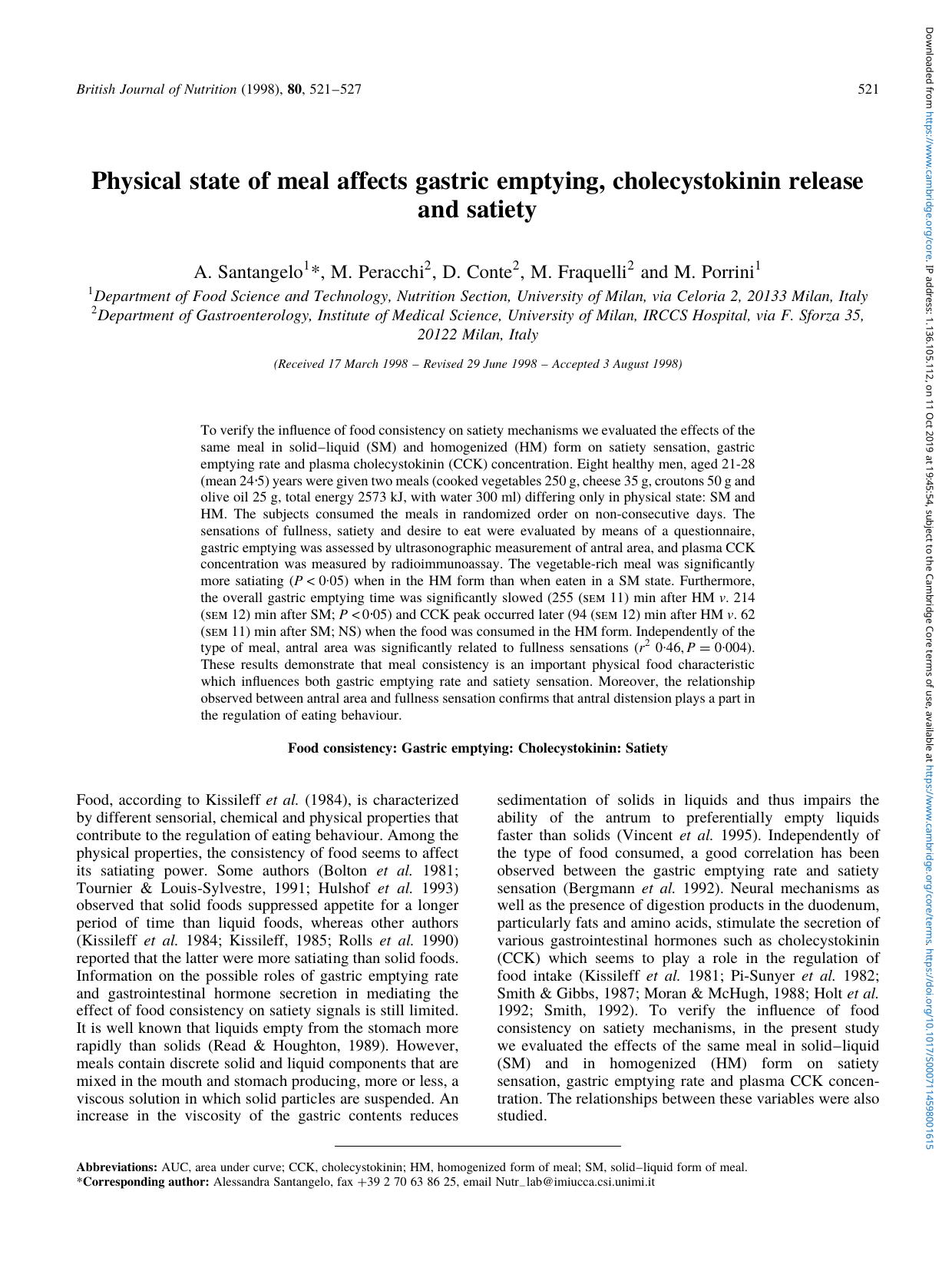 Physical state of meal affects gastric emptying, cholecystokinin release and satiety by A. Santangelo M. Peracchi D. Conte M. Fraquelli & M. Porrini