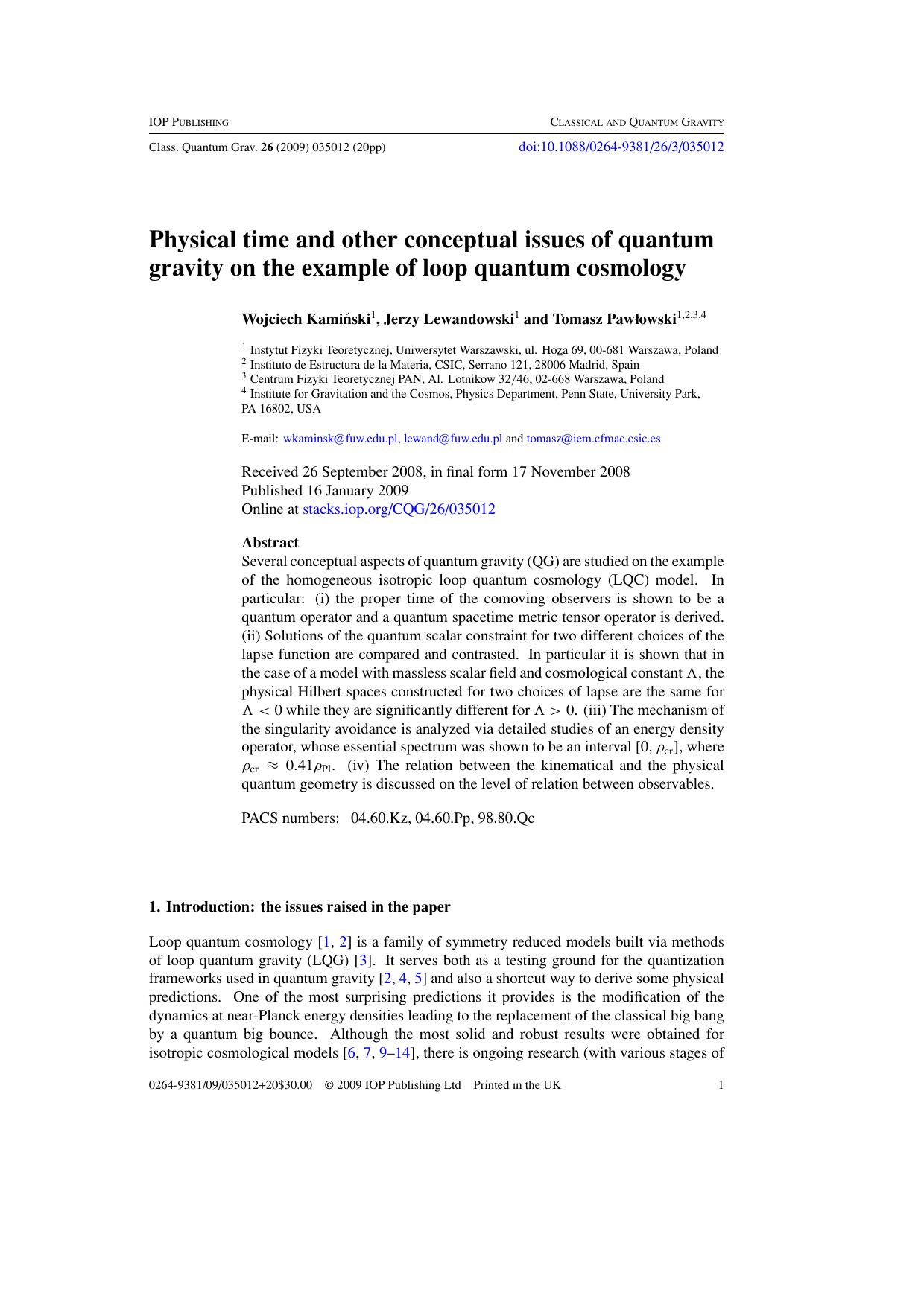 Physical time and other conceptual issues of quantum gravity on the example of loop quantum cosmology by W Kaminski et al
