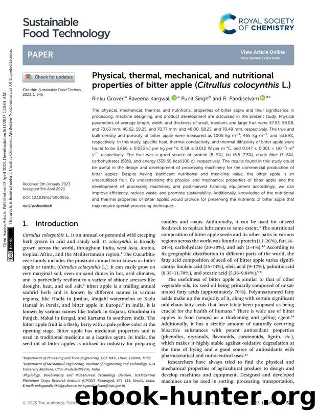 Physical, thermal, mechanical, and nutritional properties of bitter apple (Citrullus colocynthis L.) by Rinku Grover & Raveena Kargwal & Punit Singh & R. Pandiselvam