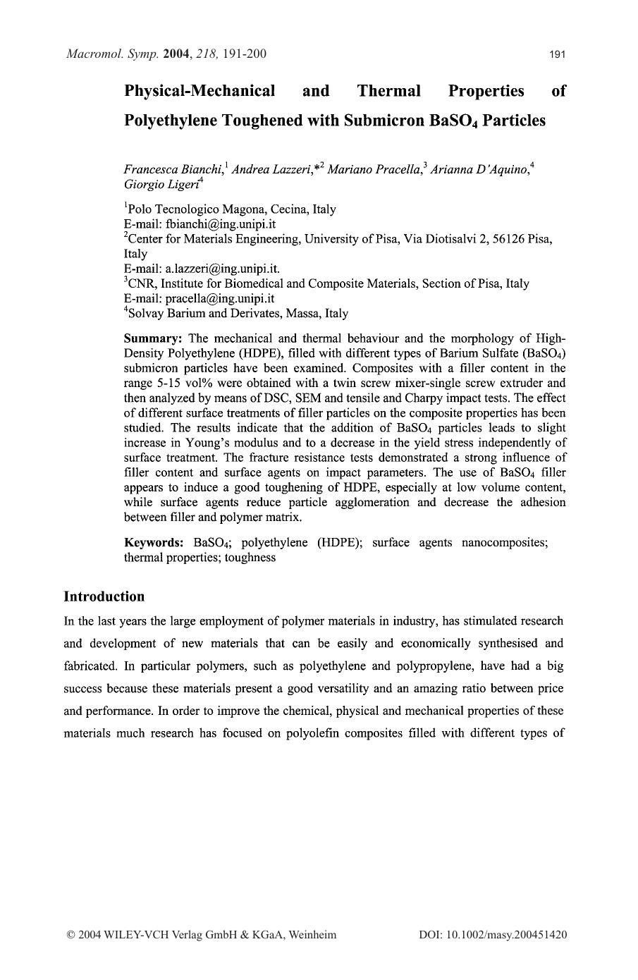 Physical-Mechanical and Thermal Properties of Polyethylene Toughened with Submicron BaSO4 Particles by Unknown