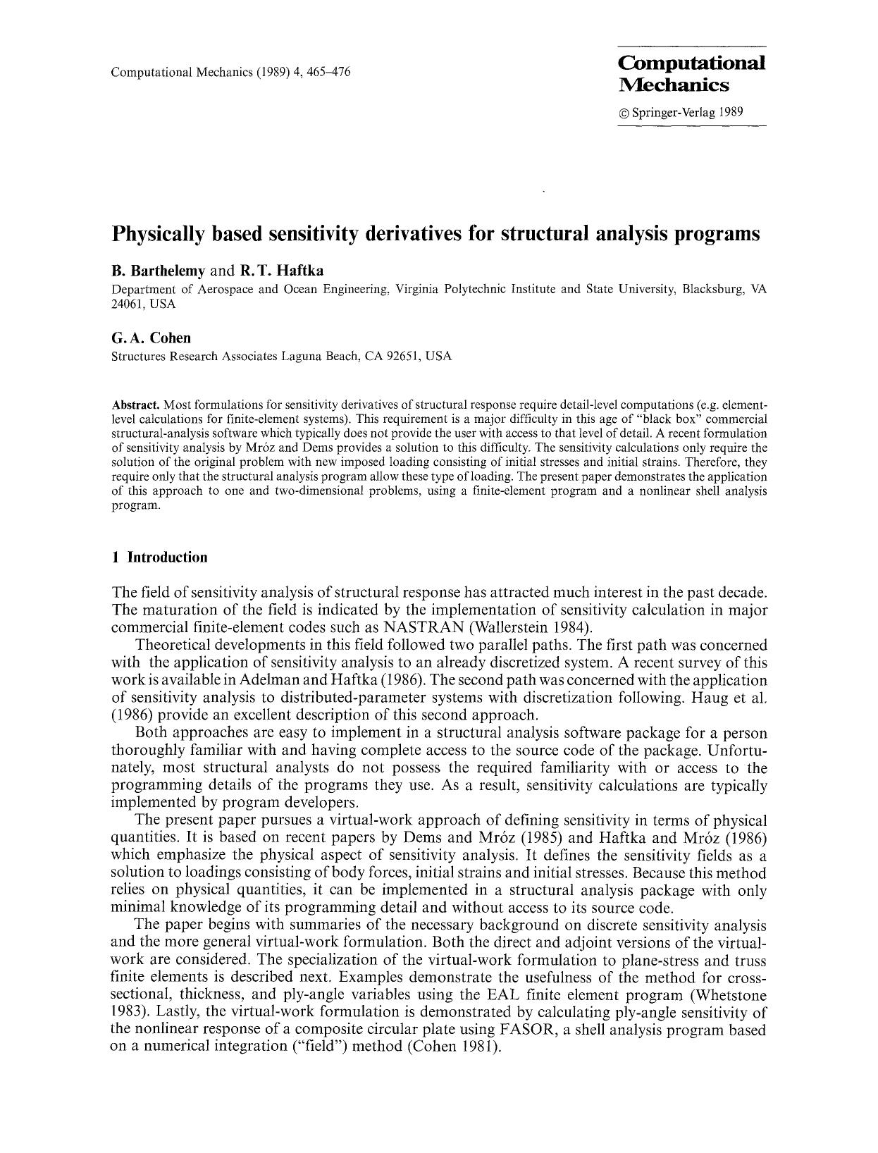 Physically based sensitivity derivatives for structural analysis programs by Unknown