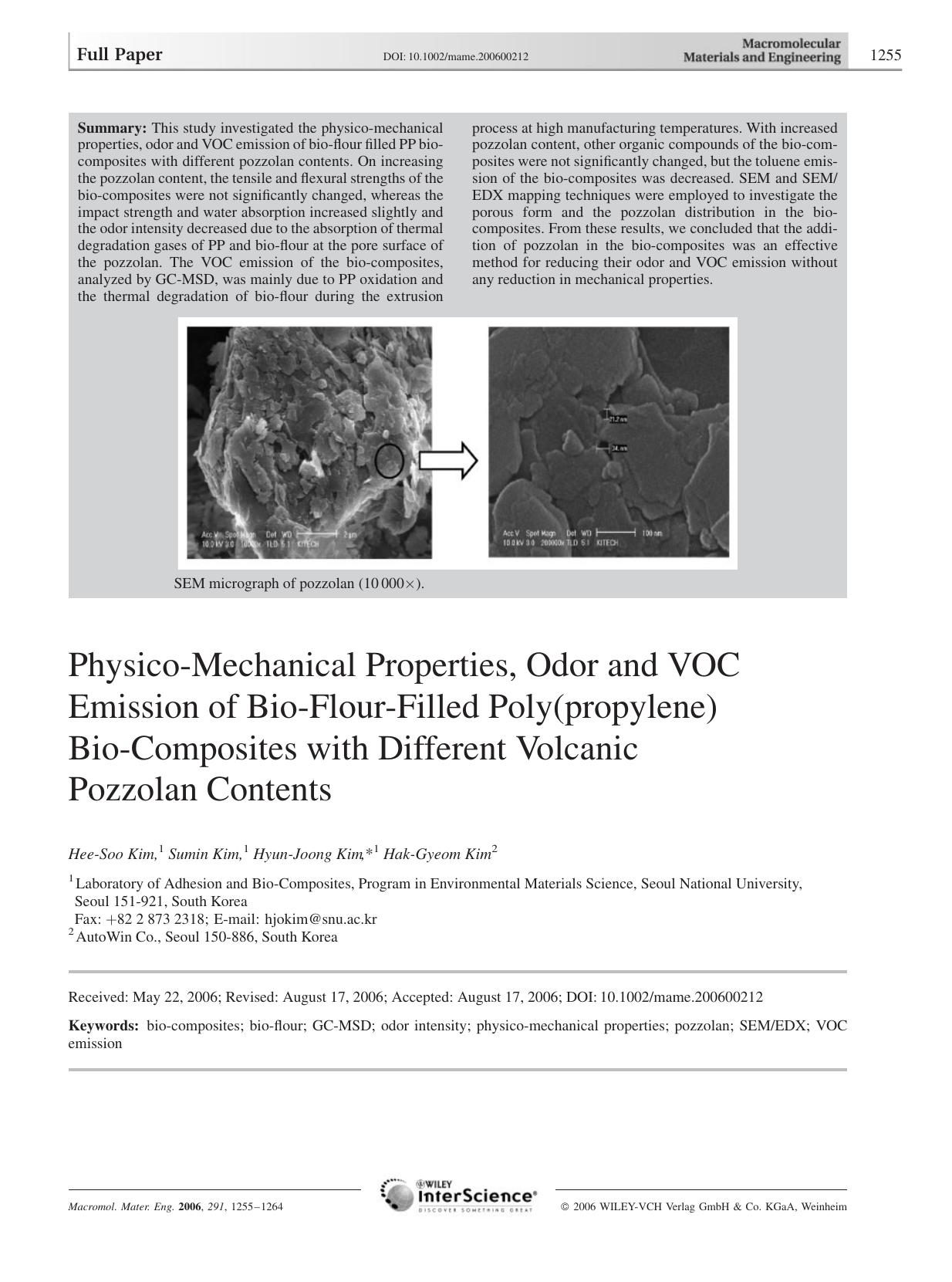 Physico-Mechanical Properties, Odor and VOC Emission of Bio-Flour-Filled Poly(propylene) Bio-Composites with Different Volcanic Pozzolan Contents by Unknown