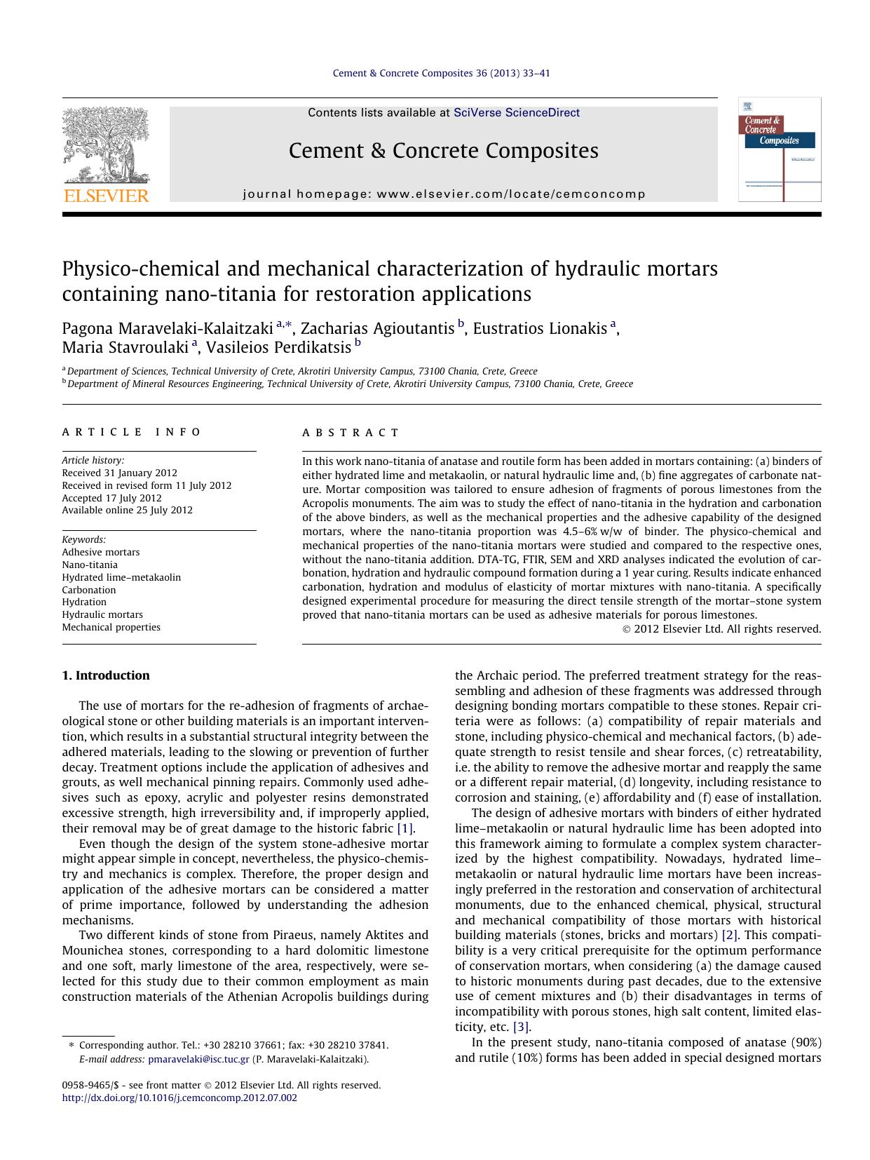 Physico-chemical and mechanical characterization of hydraulic mortars containing nano-titania for restoration applications by unknow