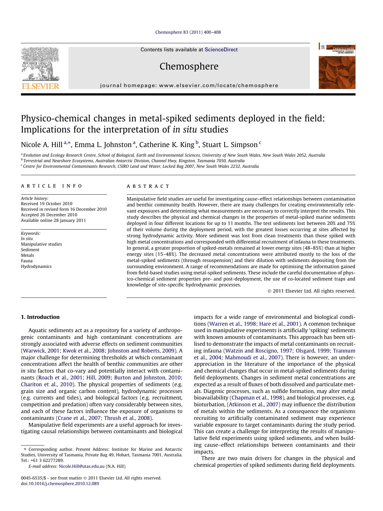 Physico-chemical changes in metal-spiked sediments deployed in the field: Implications for the interpretation of in situ studies by Nicole A. Hill & Emma L. Johnston & Catherine K. King & Stuart L. Simpson
