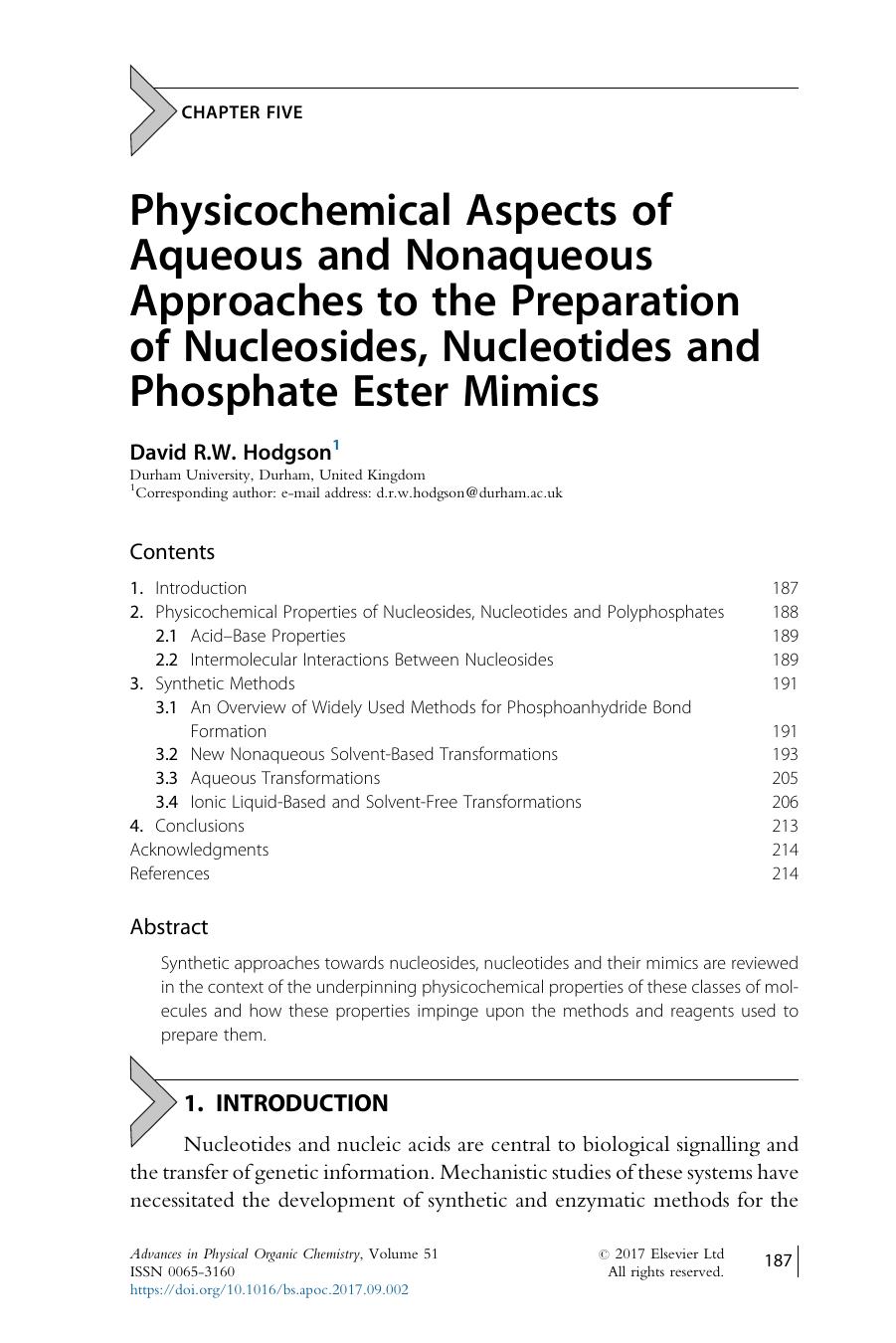 Physicochemical Aspects of Aqueous and Nonaqueous Approaches to the Preparation of Nucleosides, Nucleotides and Phosphate Ester Mimics by David R.W. Hodgson