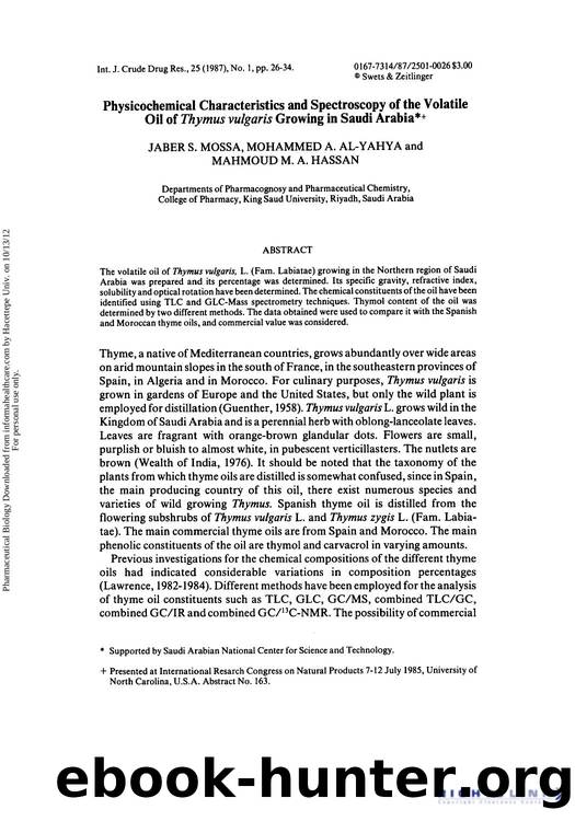 Physicochemical Characteristics and Spectroscopy of the Volatile Oil of Thymus vulgaris Growing in Saudi Arabia by Jaber S. Mossa Mohammed A. Al-yahya & Mahmoud M. A. Hassan