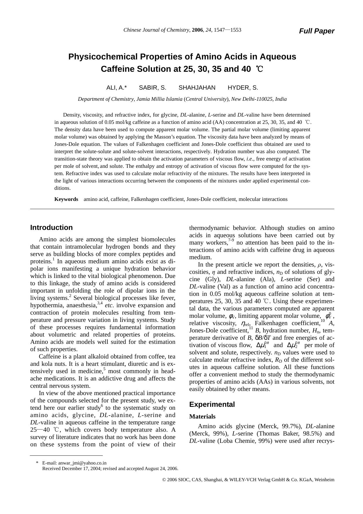 Physicochemical Properties of Amino Acids in Aqueous Caffeine Solution at 25, 30, 35 and 40 Â°C by zhaoxiaojuan