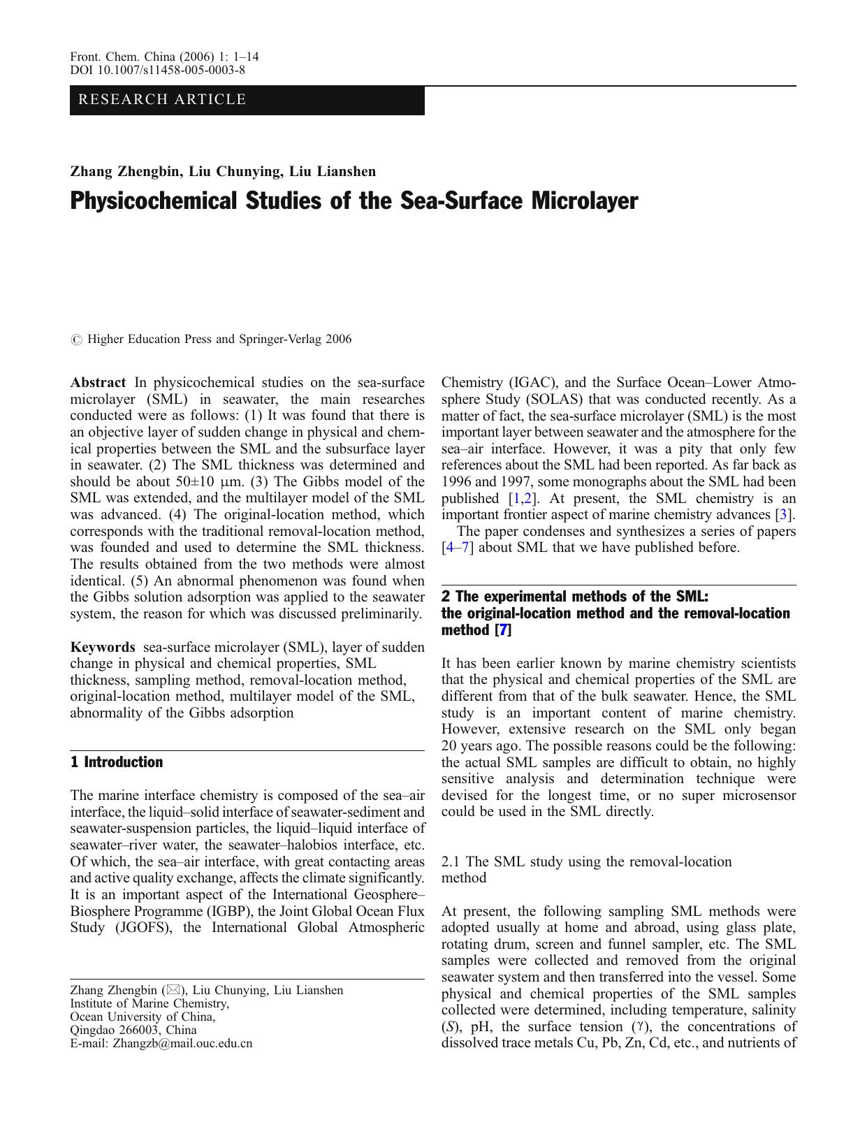 Physicochemical Studies of the Sea-Surface Microlayer by Unknown