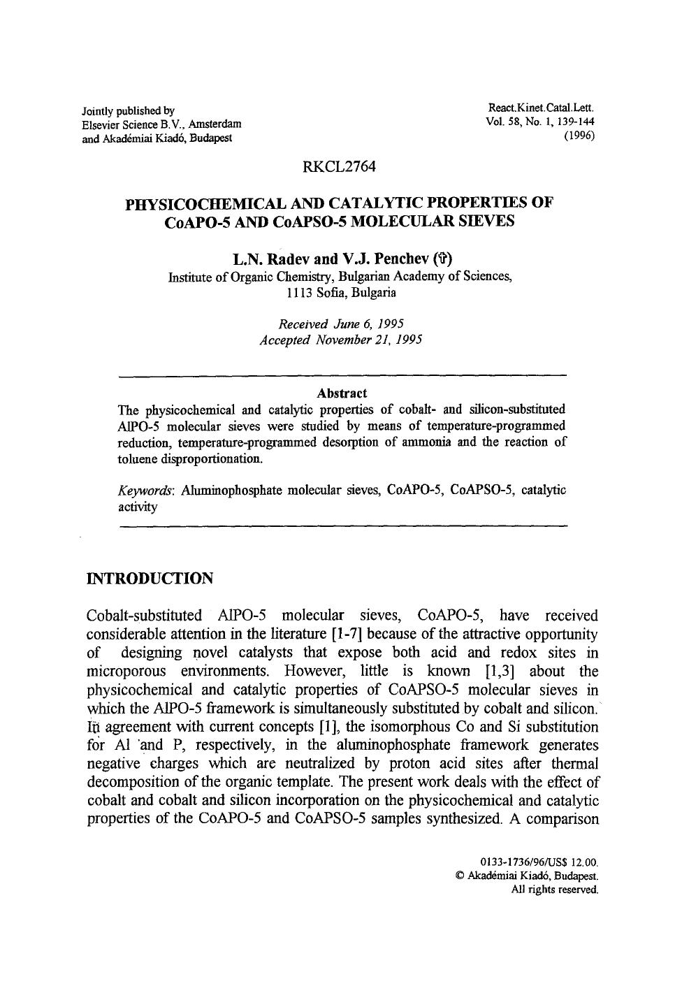 Physicochemical and catalytic properties of CoAPO-5 and CoAPSO-5 molecular sieves by Unknown