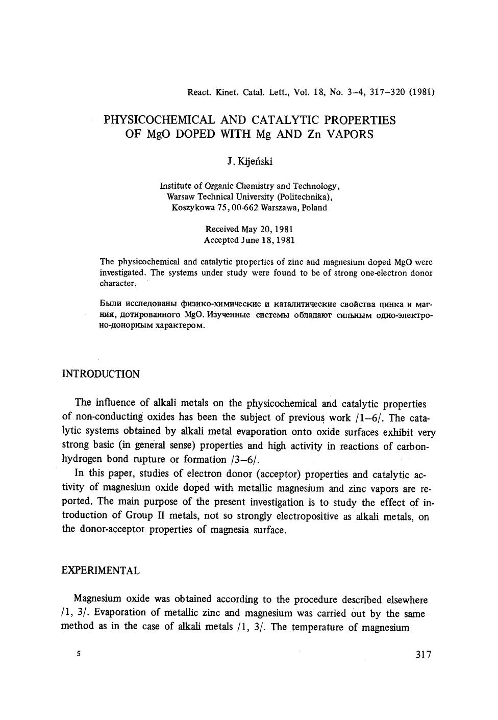 Physicochemical and catalytic properties of MgO doped with Mg and Zn vapors by Unknown