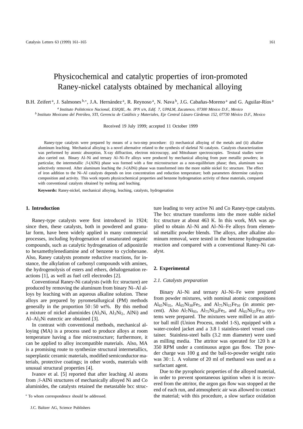 Physicochemical and catalytic properties of iron&#x2010;promoted Raney&#x2010;nickel catalysts obtained by mechanical alloying by Unknown
