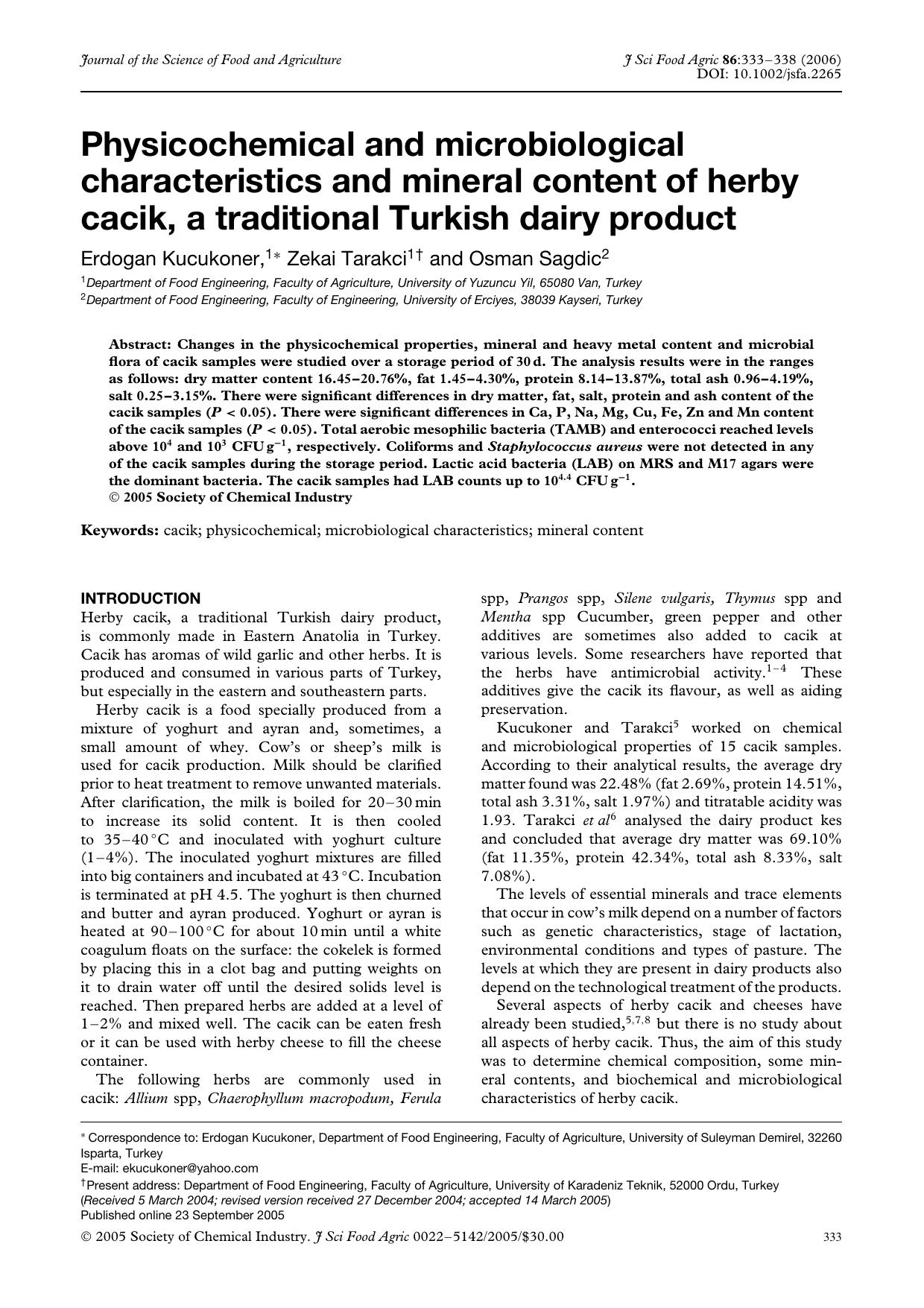 Physicochemical and microbiological characteristics and mineral content of herby cacik, a traditional Turkish dairy product by Unknown