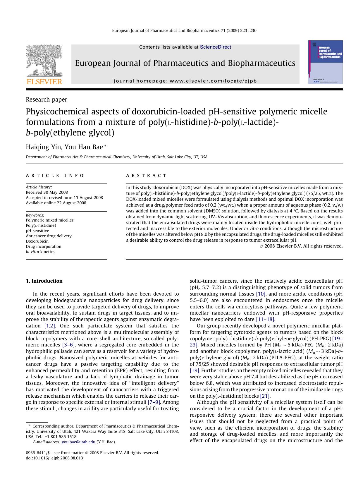 Physicochemical aspects of doxorubicin-loaded pH-sensitive polymeric micelle formulations from a mixture of poly(l-histidine)-b-poly(l-lactide)-b-poly(ethylene glycol) by Haiqing Yin; You Han Bae