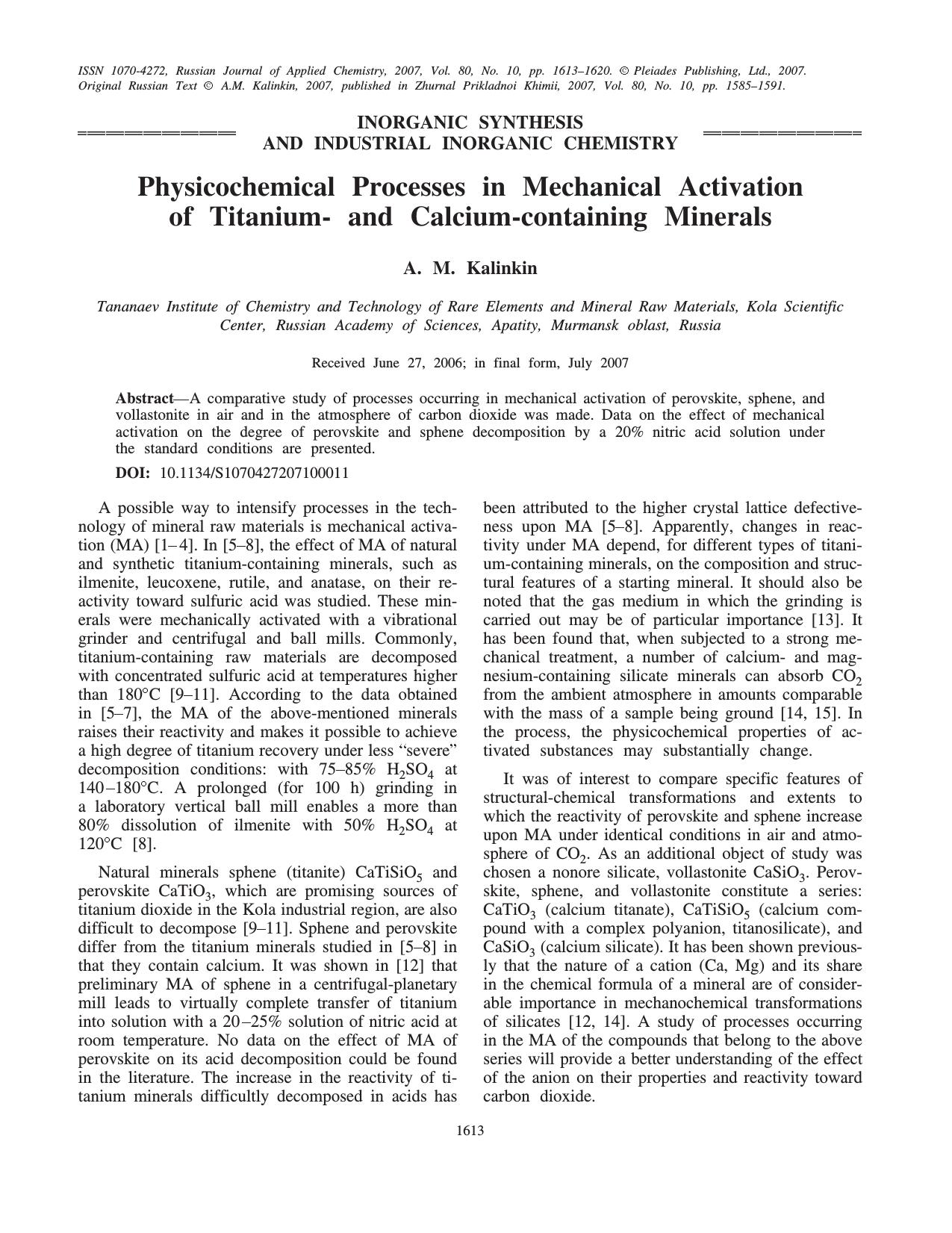 Physicochemical processes in mechanical activation of titanium-and calcium-containing minerals by Unknown
