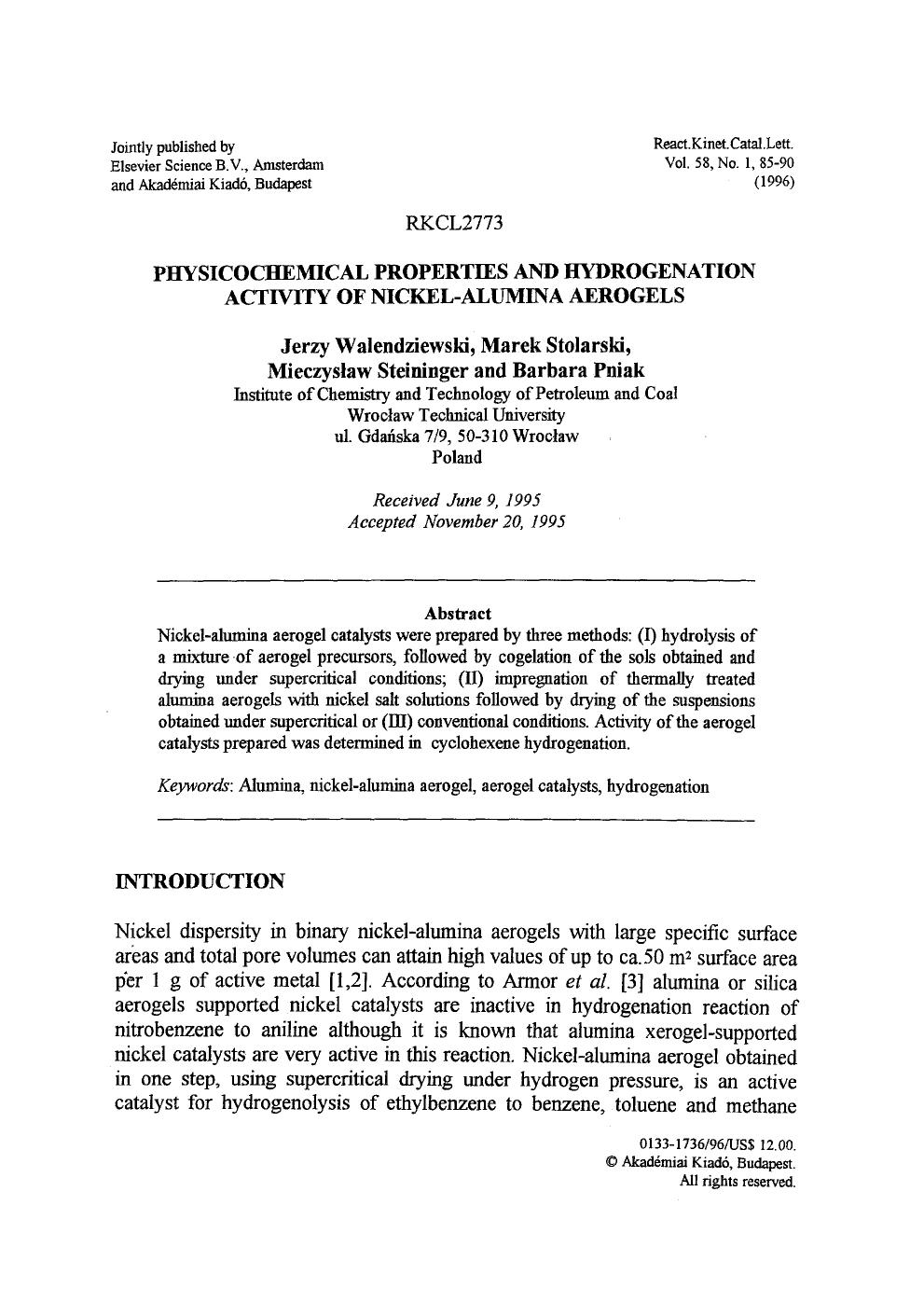 Physicochemical properties and hydrogenation activity of nickel-alumina aerogels by Unknown