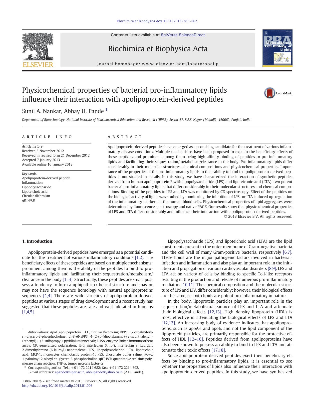 Physicochemical properties of bacterial pro-inflammatory lipids influence their interaction with apolipoprotein-derived peptides by Sunil A. Nankar & Abhay H. Pande