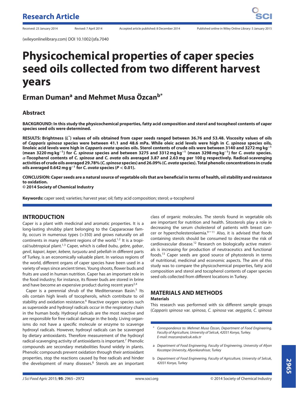 Physicochemical properties of caper species seed oils collected from two different harvest years by Unknown
