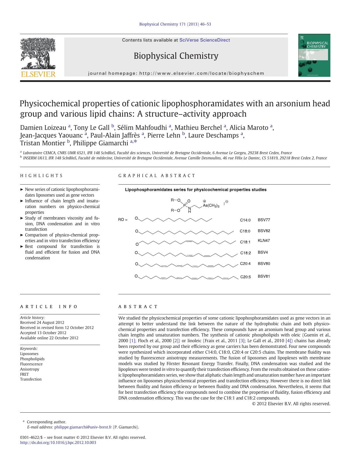 Physicochemical properties of cationic lipophosphoramidates with an arsonium head group and various lipid chains: A structureâactivity approach by unknow