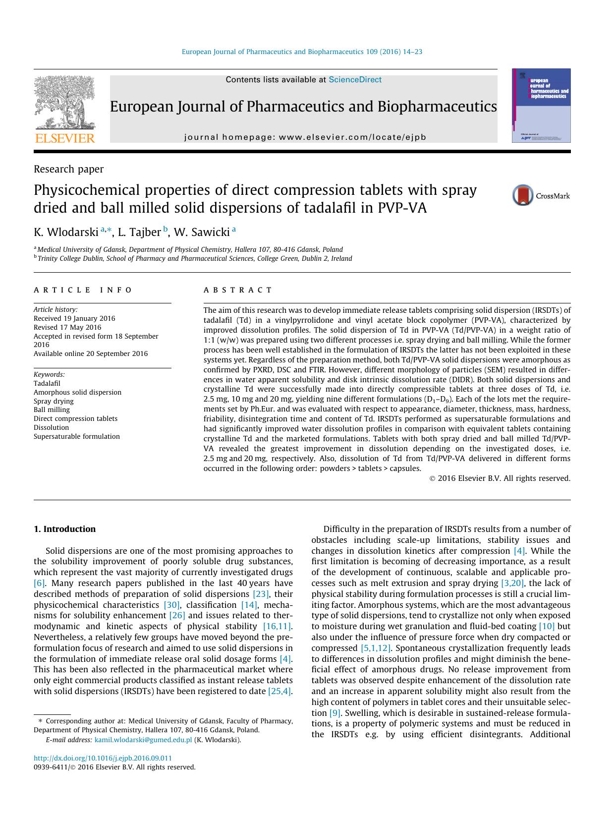 Physicochemical properties of direct compression tablets with spray dried and ball milled solid dispersions of tadalafil in PVP-VA by K. Wlodarski & L. Tajber & W. Sawicki