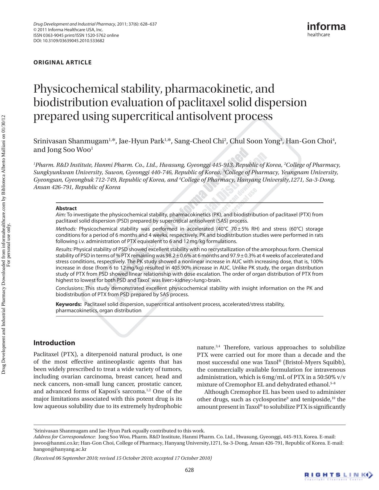 Physicochemical stability, pharmacokinetic, and biodistribution evaluation of paclitaxel solid dispersion prepared using supercritical antisolvent process by unknow