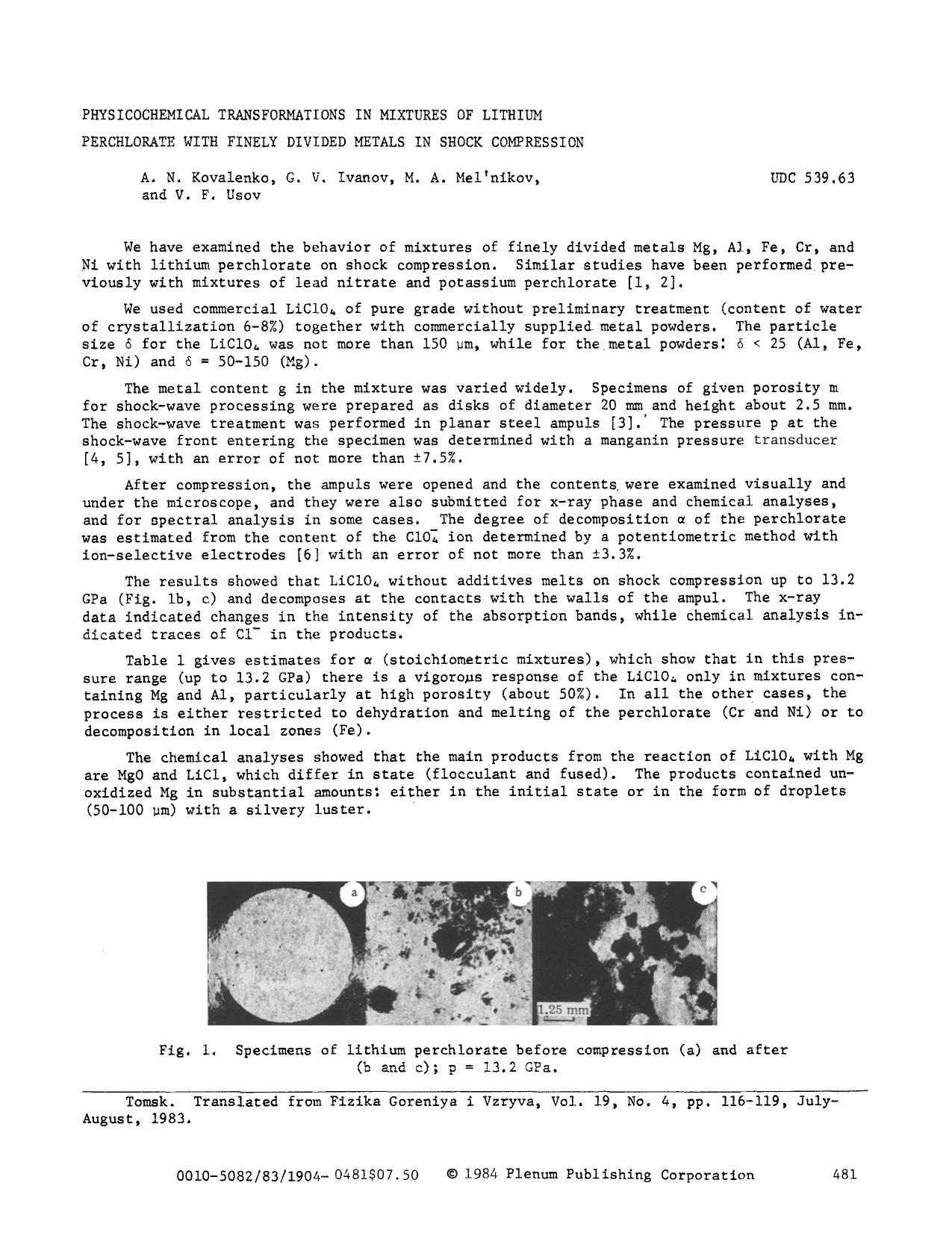Physicochemical transformations in mixtures of lithium perchlorate with finely divided metals in shock compression by Unknown