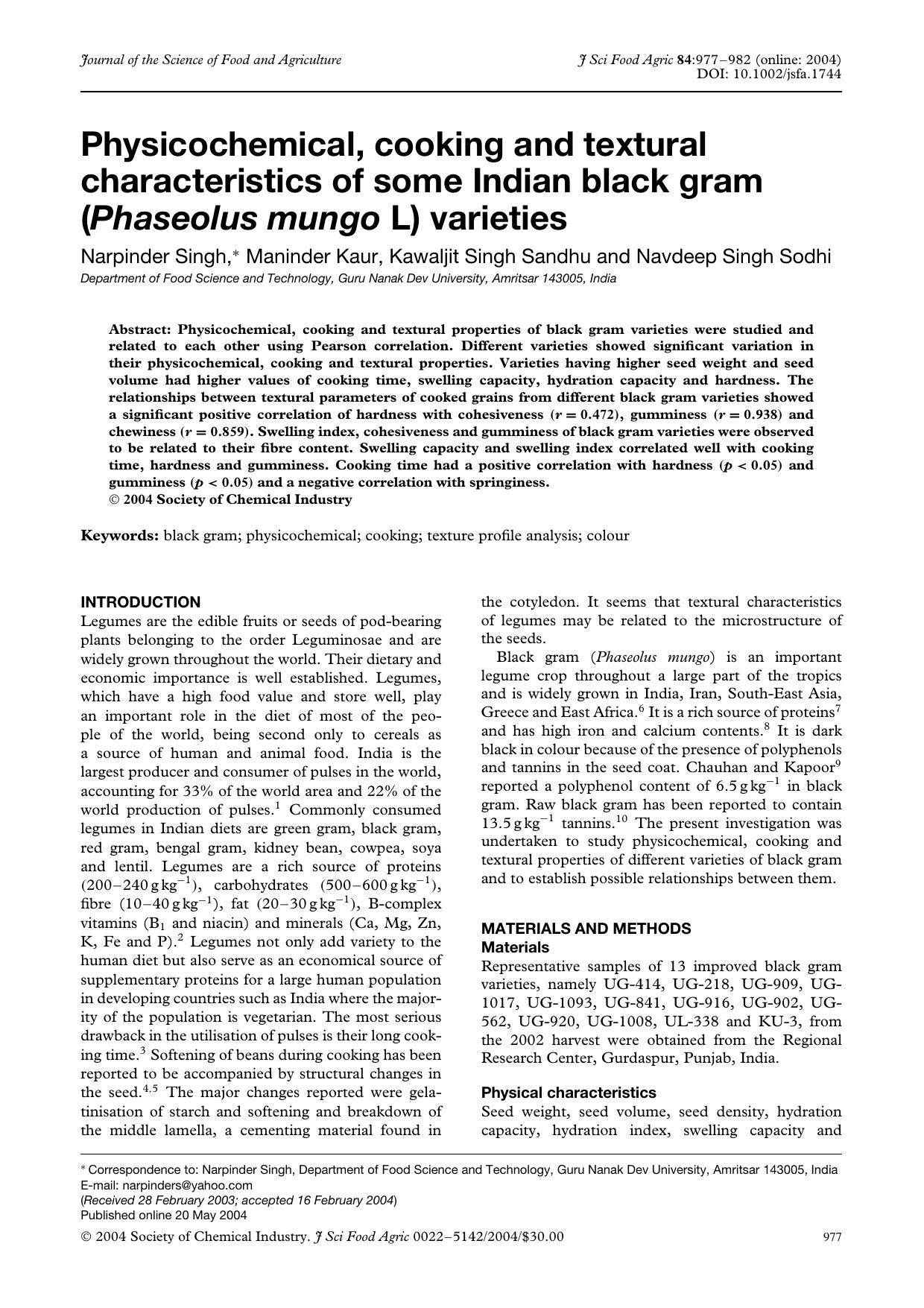 Physicochemical, cooking and textural characteristics of some Indian black gram (Phaseolus mungo L) varieties by Unknown